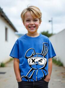 SHEIN Young Boys' Casual Cute Cartoon Rabbit Print Short Sleeve T-Shirt, Versatile For Spring And Summer - Blue - View 8