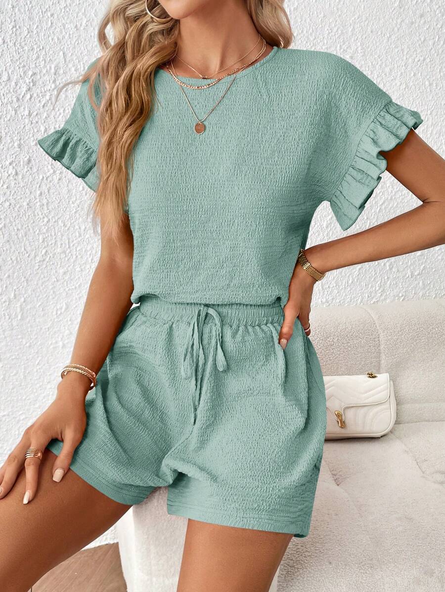 SHEIN Essnce Bộ 2 món Áo ngắn tay cho nữ & Quần short lưng thun - Màu xanh nhạt - Xem 1