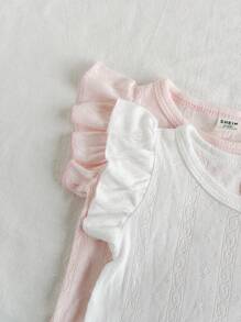 SHEIN 2 件套新生女婴纯色盖袖针织上衣，粉色和白色短袖背心，100% 纯棉面料，可爱休闲百搭柔软舒适，春夏新品，适合日常外出、度假、生日和派对，0-3 个月，婴儿服装，女婴上衣 - 彩色 - 查看 5