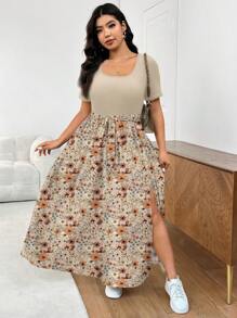 SHEIN Frenchy Vestido estampado floral bohemio de talla grande con mangas cortas y escote cuadrado para un look veraniego elegante