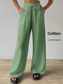 SHEIN EZwear 大码夏季纯色纹理褶皱面料宽松抽绳腰带棉质休闲阔腿裤 - 綠色 - 查看 1
