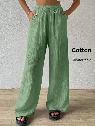 SHEIN EZwear 大码夏季纯色纹理褶皱面料宽松抽绳腰带棉质休闲阔腿裤