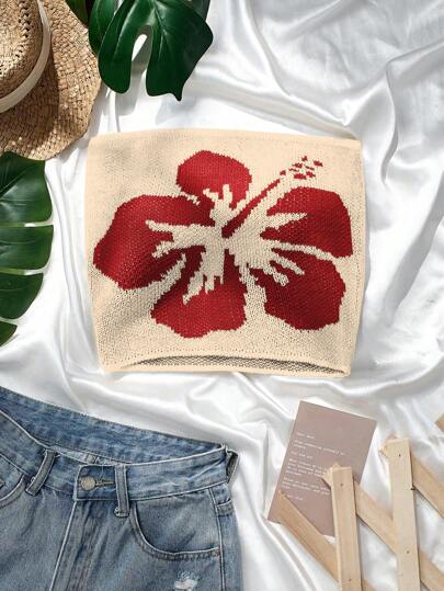 SHEIN Unity 休闲杏色女式短款上衣夏季背心搭配撞色刺绣针织毛衣