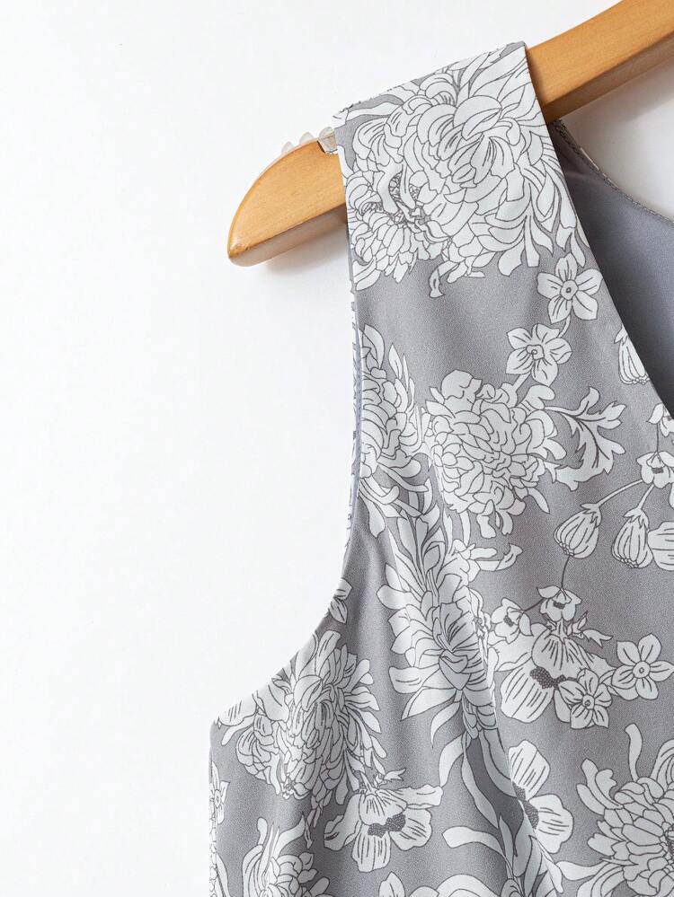 Women's V-Neck Sleeveless Floral Print Casual Mini Dress, Suitable For Vacation Floral Print Ruffle Hem Elegant Dress For Women Women Clothing Summer Midi Dresses For Women Women Clothing Dresses  Ruffle Dress Flower Dress Casual Elegant Dress Women Dresses Summer