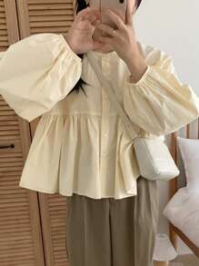 DAZY 少女休闲圆领褶皱泡泡袖女式衬衫，秋季服装 - 杏色 - 查看 9