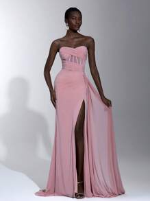 Elitara Elegant Pink Leather Strapless Twisted Waist Sheer Ruffle Fishtail High Slit Maxi Dress, Suitable For Spring/Summer Dating, Vacation, Party, Wedding, Graduation, Gala Events, Formal, Gown, For Evening, Wedding Guest - Dusty Pink - View 5