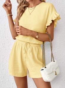 SHEIN Essnce 2pcs Women Short Sleeve Top & Elastic Waist Shorts Set Island Vacation Outfits - Yellow - View 5