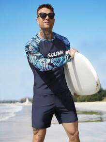 Manfinity Swimmode 2 件男士热带印花拼布沙滩泳衣，夏威夷风情 - 灰色 - 查看 3