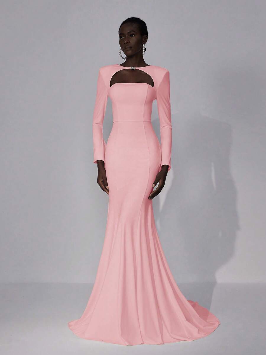 Elitara Elegant Tube Bell Sleeve Sweetheart Backless Rhinestone Embellished Mermaid Wedding Dress, Bride - Pink - View 1