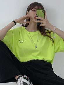 DAZY 女士宽松圆领 T 恤夏季超大 T 恤学院风上衣 - 綠色 - 查看 7