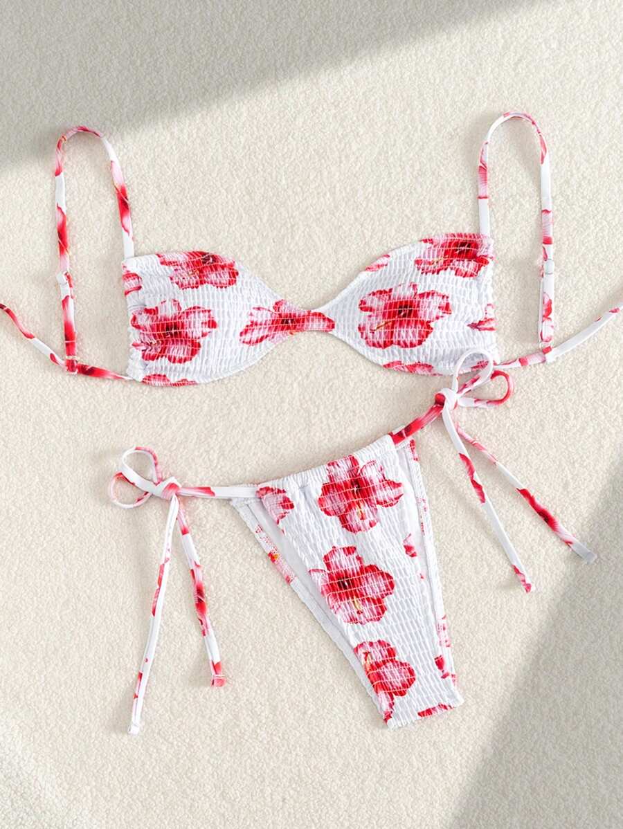 SHEIN Swim Bộ đồ bơi bikini gợi cảm in họa tiết hoa nhiệt đới 2 mảnh hở lưng có thể điều chỉnh cho nữ và dây buộc bên hông, kỳ nghỉ hè ở bãi biển - Nhiều màu - Xem 1