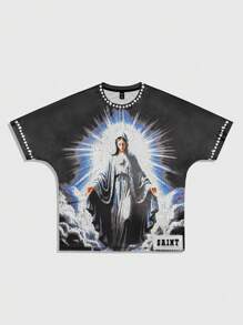ROMWE MEN Camiseta casual de manga corta y cuello redondo con estampado de santo, versátil para hombres