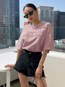DAZY Slogan Pattern Drop Shoulder Tee KEEP CALM KEEP SMILING Oversized T-Shirt - Dusty Pink - View 3