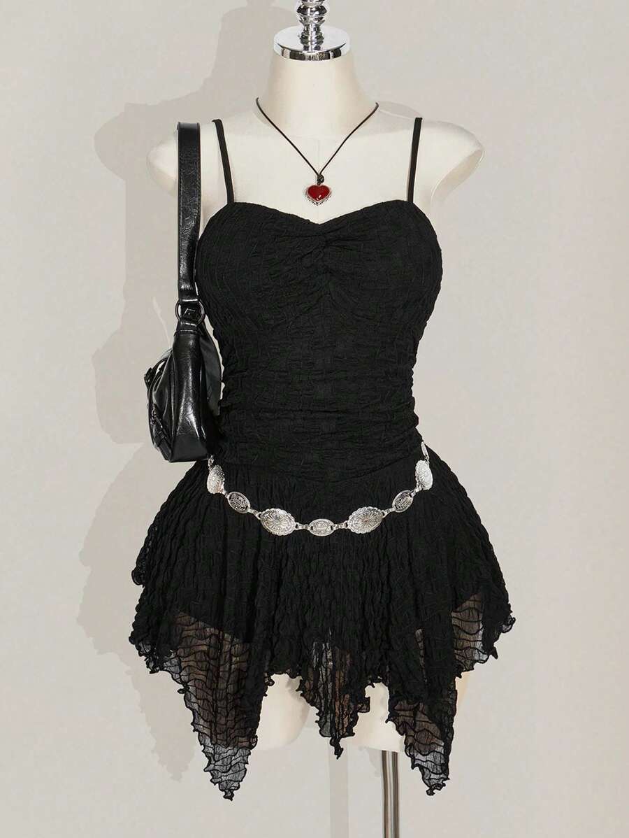 SHEIN ICON Plus Size Women Solid Color Pleated Spaghetti Strap Asymmetrical Hem Dress - Black - View 1