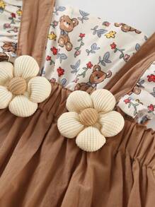 SHEIN Playful Pals Baby Girl Floral Overall Outfit, Sweet Adorable Teddy Bear & Tiny Flower Print Design, Perfect For Newborn Baby Photo Shoot, Korea/Japan Style