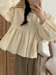 DAZY 少女休闲圆领褶皱泡泡袖女式衬衫，秋季服装 - 杏色 - 查看 4