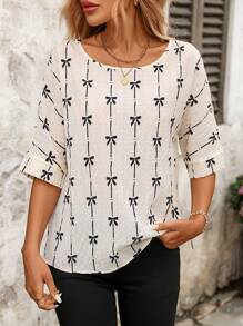 SHEIN Clasi Women Casual Textured Fabric Butterfly Print Batwing Sleeve Blouse - Apricot - View 4