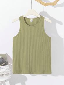 SHEIN 青少年男孩修身绿色纹理面料背心，休闲、舒适、时尚、百搭、柔软，适合日常穿着、上学、旅行、运动和海滩度假 - 綠色 - 查看 2