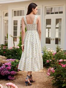 Chiquease Vestito midi con stampa floreale senza maniche, con volant, stile casual da resort per le donne