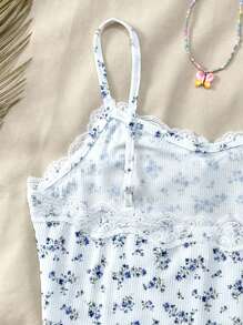 SHEIN Leap Crew Teen Girl Ribbed Knit Tiny Ditsy Floral Pattern Lace Trim Casual, Homewear, Teens, Cute, Vacation, Comfortable Camisole - Multicolor - View 8