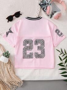 SHEIN Leap Crew Young Girl Woven Patchwork Numeric & Letter Pattern Loose Casual T-Shirt - Pink - View 2