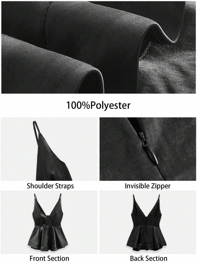 SHEIN Maija Black V-Neck Camisole For Women, Elegant Satin Fabric Soft Skin-Friendly Design, Pleated Peplum, Suitable For Parties, Events, Easter Festival, Graduation Brunch