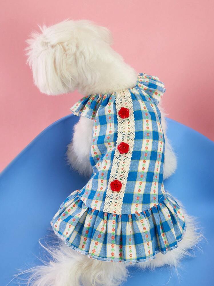 PETSIN 1 件田园风格蓝色格子蕾丝边盖袖可爱宠物狗连衣裙 - 藍色 - 查看 2