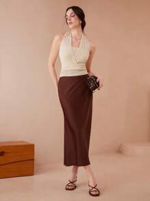 Chiquease Parte superior de punto de verano, elegante y entallada, con diseño de escote halter y calado - Albaricoque - Ver 6