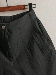 SHEIN JORESS Pantalones cortos de lino sólidos, holgados, casuales y versátiles con bolsillos para mujer