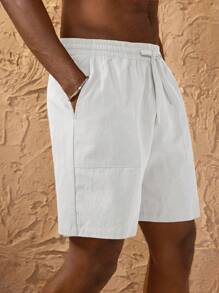 SHEIN Forever 21 Linen Bermuda Shorts And Linen Solid Color Loose Knee-Length High Waisted Basic Shorts With Side Pockets Fashionable Style