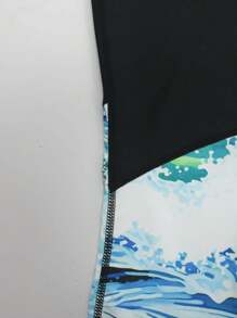 Manfinity Swimmode Men's Wave Graphic Raglan Sleeve Jumpsuit Swimsuit Men Swim Trunks Men Swim Trunks - Black - View 4