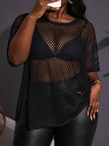 SHEIN CURVE+ Plus Size Black Sheer See-Through Punk Rock Music Festival Top, Curve Plus, Boho Vacation