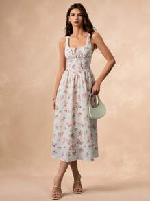 Poéselle Women's Summer Square Neck Sleeveless Ditsy Floral Dress, Wedding Vacation Outfit, Brunch Tea Party Dress - Pink - View 4