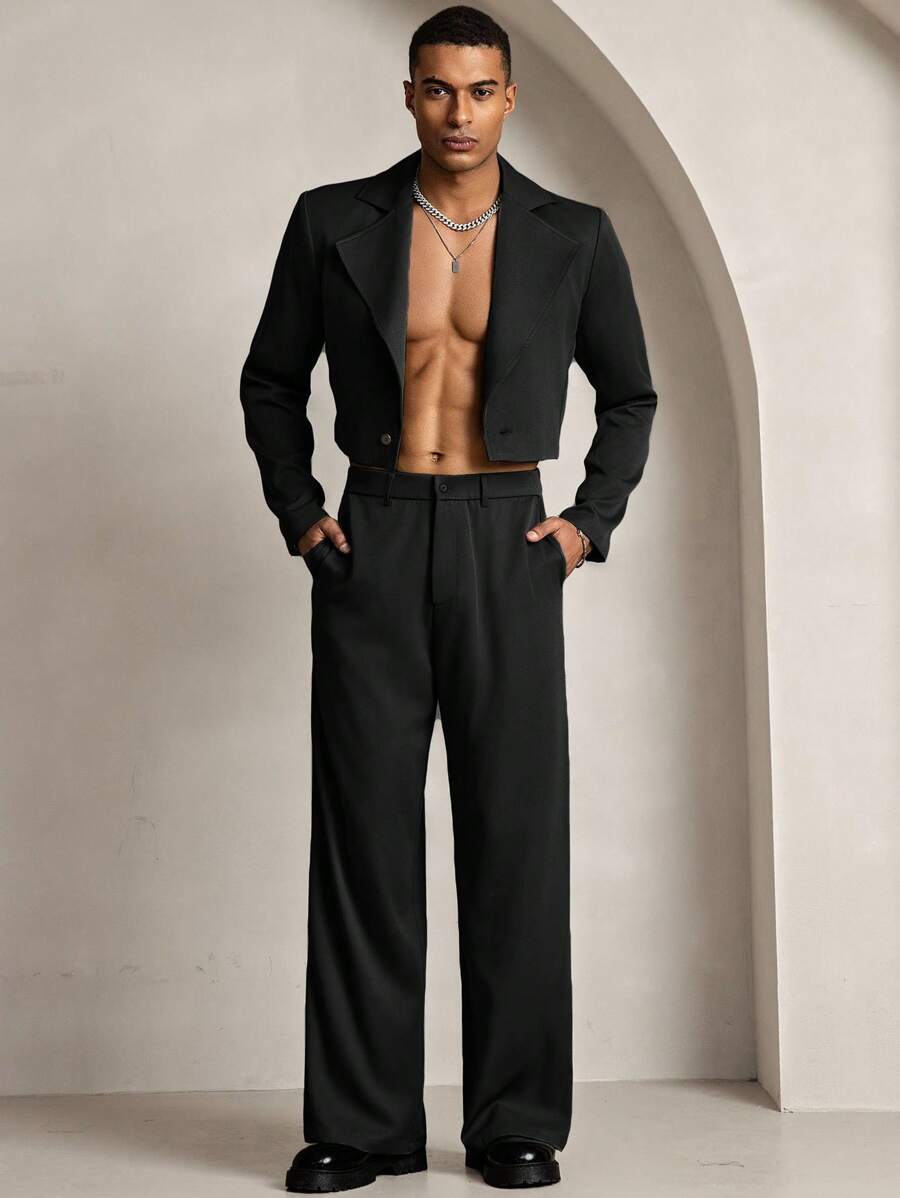 HIMLAND 男士休闲宽松梭织短款西装外套搭配松紧腰直筒裤套装（两件套），复古风格，婚礼礼服