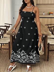 SHEIN Clasi Plus Size Women Resort Style Floral Print Open Back Tie Strap Dress - Black - View 5