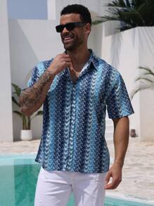 DAZY Summer Blue Striped Geometric Textured Men's Beach Shirt - Blue - View 6