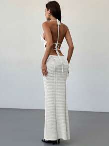 Aloruh 优雅性感深 V 背绑腰超长海滩度假连衣裙