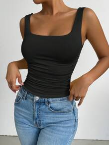 SHEIN PETITE Women's Casual Square Neck Ruffle Slim Fit Sleeveless Top, Suitable For Spring/Summer Daily Wear - Black - View 3