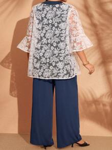 EMERY ROSE 2 件套加大码优雅刺绣网眼上衣和裤子套装，乡村休闲度假装女士，简约时尚，适合日常穿着，夏季女式上衣，女士夏季服装，女士度假装女士夏季服装办公室服装，女士度假装，女士夏季服装节日波西米亚风，节日装 - 藏蓝色 - 查看 2