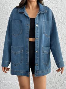 EURMUSE Women Rigid Distressed Snow Wash Denim Jacket - Medium Wash - View 5