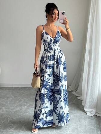 Elenzga Mono elegante de mujer con tirantes tipo espagueti y diseño de cintura fruncida