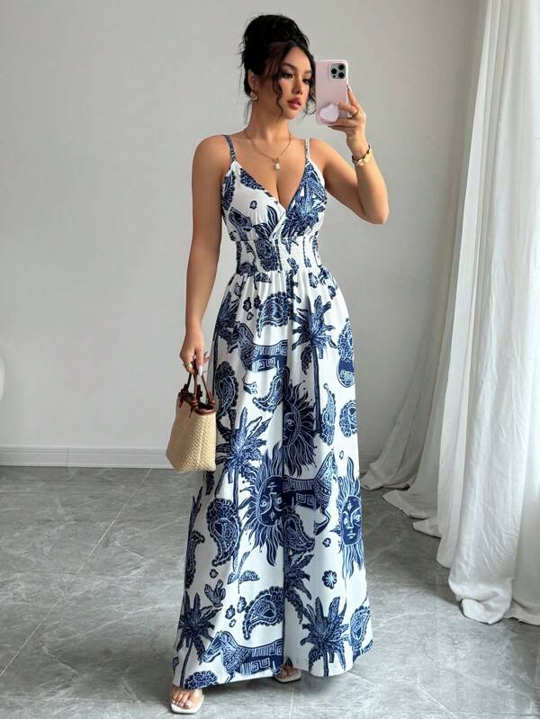 Elenzga Eleganter Damen Jumpsuit mit Spaghettiträgern und geraffter Taille