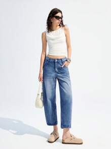 LYSMO 女士高腰口袋宽松阔腿休闲百搭牛仔裤