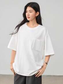 Dazy-Less T-shirt ample et décontracté pour femme, style minimaliste avec grande poche, manches courtes, t-shirt oversize pour l'été - Blanc - Voir 3