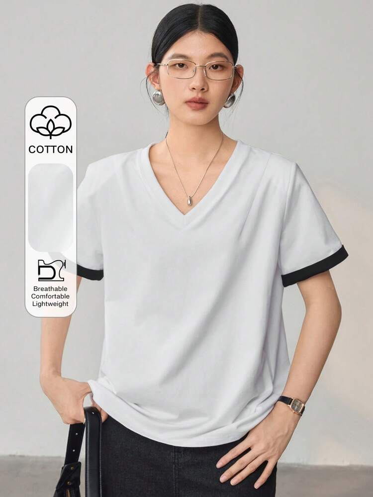 Casual Loose Contrast Color Splice 2 In 1 V-Neck Short Sleeve T-Shirt For Women Summer Old Money Style Oversized T-Shirt, Teacher