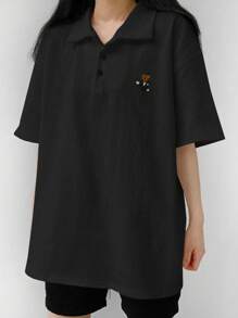 DAZY Summer Casual Loose Bear Printed Drop Shoulder Polo Collar T-Shirt