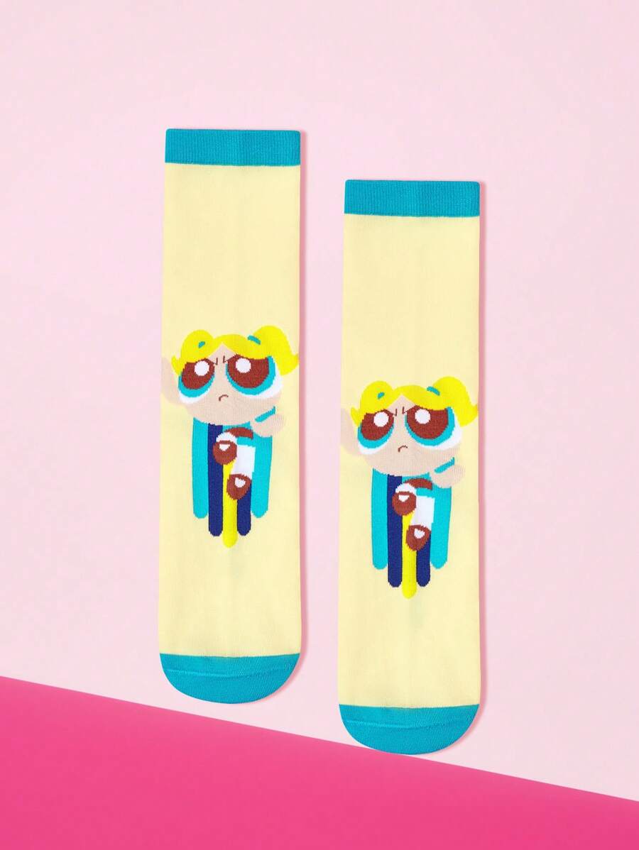 THE POWERPUFF GIRLS X SHEIN 1 Pair Women's Contrast Color Comfortable Bubbles Pattern Crew Socks - Yellow - View 1