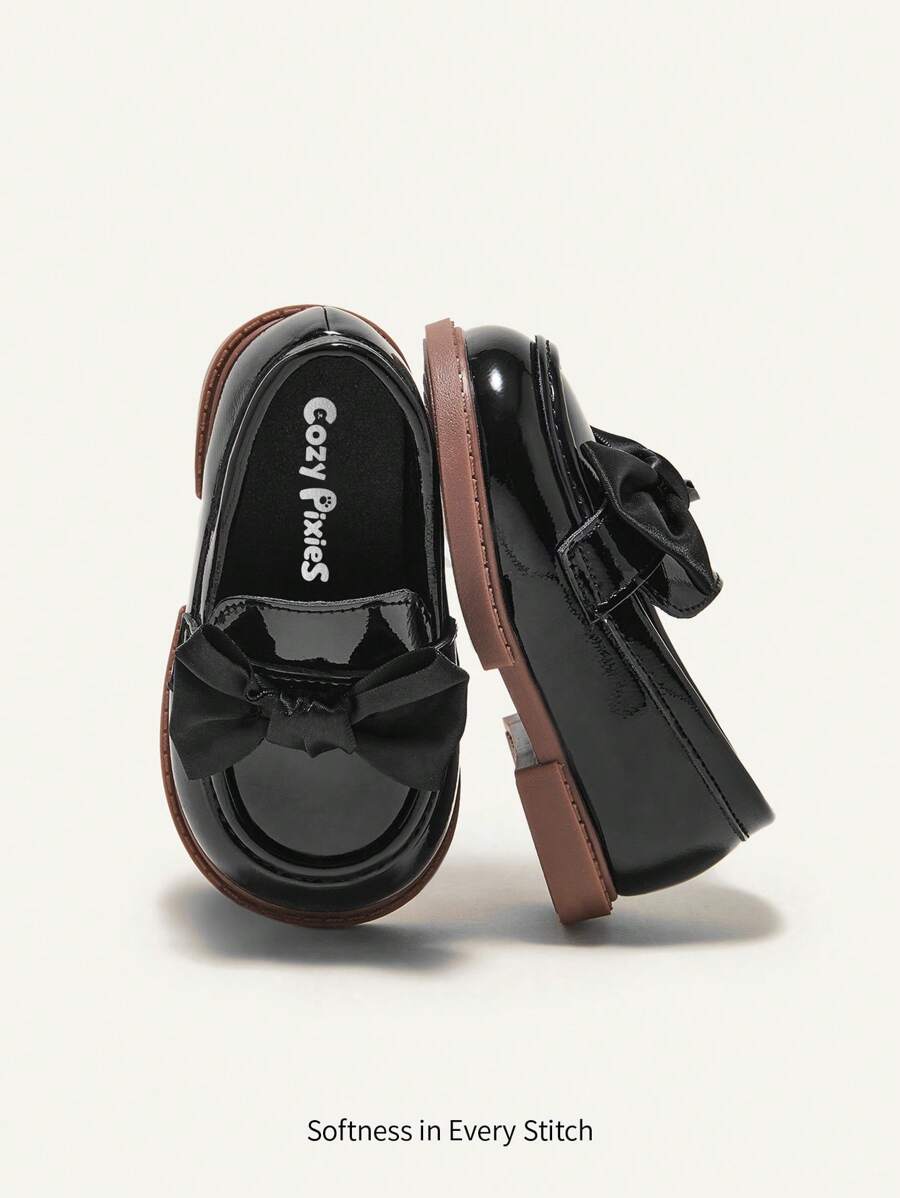 Cozy Pixies Cute & Comfortable Black Leather Flat Shoes With Bowknot Decoration For Baby Girls In College Style Party - Black - View 1