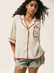 Easelle Apricot Woven Women's Short-Sleeved Shirt, Simple And Fashionable Design, Suitable For Summer Embroidery Style Boho Beach Style  Vacation Graphics Woman T Shirts