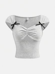 SHEIN Girls' Grey Knit Solid Color Bow Bust Ruched Cute Casual Cowl Neck Sweater